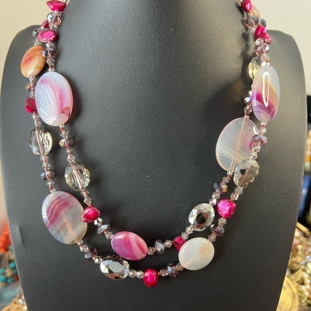 Stone Glass & Freshwater Pearl Necklace w/925 Clasp D10